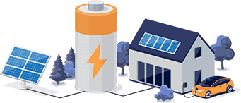 Ikona rodinného domu s připojenou baterií a solárními panely a fotovoltaická elektrárna SOLAR BARON