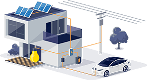 Ikonka rodinného domu se solárními panely a auto v elektro nabíječce a Ikona rodinného domu s připojenou baterií a solárními panely a fotovoltaická elektrárna SOLAR BARON